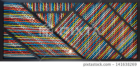 A modern ceiling installation features colorful crisscrossed fabric straps within a black geometric frame. Spotlights and a fire sprinkler head are integrated into the textured design. A modern ceiling installation features colorful crisscrossed fabric straps within a black geometric frame. Spotlights and a fire sprinkler head are integrated into the textured design. 141638269