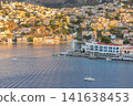 Panoramic View of Symi Harbor and Hillside Town on Symi Island in Greece 141638453