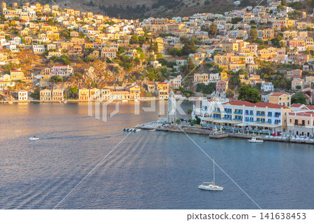 Panoramic View of Symi Harbor and Hillside Town on Symi Island in Greece 141638453