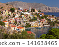 Symi Harbor Waterfront with Clock Tower and Colorful Houses on Symi Island Greece 141638465