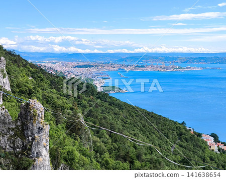 Aerial View Of Trieste City Harbour From Napoleonica Hiking Trail - Famous Climbing Bouldering Area, Gulf Of Trieste Adriatic Italy, Panoramic Karst Hillside Overlook Aerial View Of Trieste City Harbour From Napoleonica Hiking Trail - Famous Climbing Bouldering Area, Gulf Of Trieste Adriatic Italy, Panoramic Karst Hillside Overlook 141638654