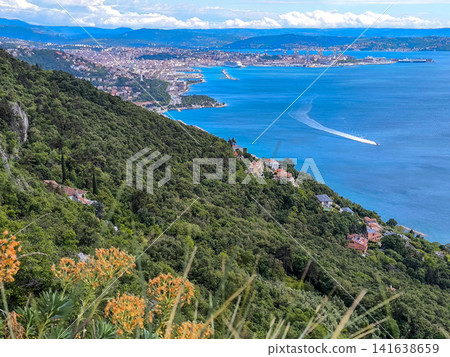 Aerial View Of Trieste City Harbour From Napoleonica Hiking Trail - Famous Climbing Bouldering Area, Gulf Of Trieste Adriatic Italy, Panoramic Karst Hillside Overlook Aerial View Of Trieste City Harbour From Napoleonica Hiking Trail - Famous Climbing Bouldering Area, Gulf Of Trieste Adriatic Italy, Panoramic Karst Hillside Overlook 141638659