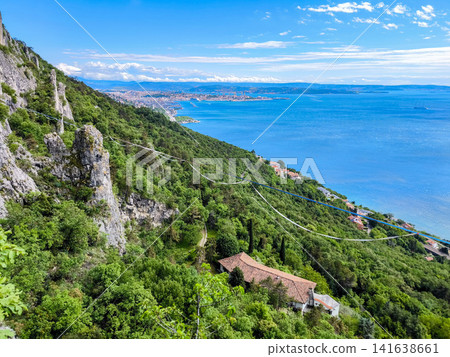 Aerial View Of Trieste City Harbour From Napoleonica Hiking Trail - Famous Climbing Bouldering Area, Gulf Of Trieste Adriatic Italy, Panoramic Karst Hillside Overlook Aerial View Of Trieste City Harbour From Napoleonica Hiking Trail - Famous Climbing Bouldering Area, Gulf Of Trieste Adriatic Italy, Panoramic Karst Hillside Overlook 141638661