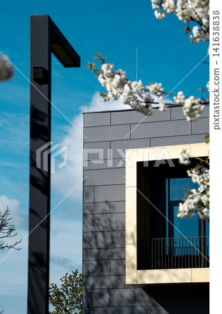 Modern Architecture Geometric Composition - Blue Accent Wall With Gray Concrete - Contemporary Building Detail With Bold Color Contrast 141638838