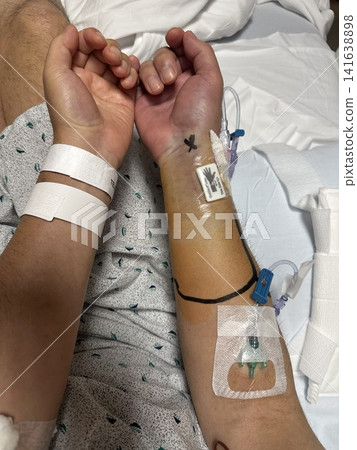 Wrist and IV line after cardiac catheterization, hospitalized patient Wrist and IV line after cardiac catheterization, hospitalized patient 141638898