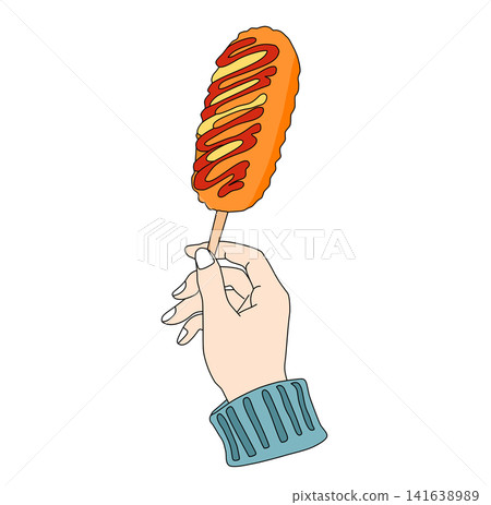 Hand holding hot dog corndog with mustard sauce Korean street food snack fast food graphic element for restaurant menu food truck sticker print clipart artwork design icon element Hand holding hot dog corndog with mustard sauce Korean street food snack fast food graphic element for restaurant menu food truck sticker print clipart artwork design icon element 141638989