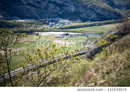 Adige Valley Panoramic View From Placca Del Forte San Marco: Scenic Spring Landscape Over Etsch Valley Near Lake Garda Adige Valley Panoramic View From Placca Del Forte San Marco: Scenic Spring Landscape Over Etsch Valley Near Lake Garda 141639035