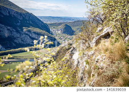 Adige Valley Panoramic View From Placca Del Forte San Marco: Scenic Spring Landscape Over Etsch Valley Near Lake Garda Adige Valley Panoramic View From Placca Del Forte San Marco: Scenic Spring Landscape Over Etsch Valley Near Lake Garda 141639039