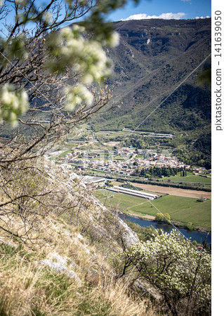 Adige River Valley And Dolci Village Viewed From Placca Del Forte San Marco: Panoramic Spring Landscape Near Lake Garda 141639050