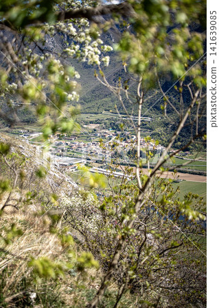 Adige River Valley And Dolci Village Viewed From Placca Del Forte San Marco: Panoramic Spring Landscape Near Lake Garda Adige River Valley And Dolci Village Viewed From Placca Del Forte San Marco: Panoramic Spring Landscape Near Lake Garda 141639085