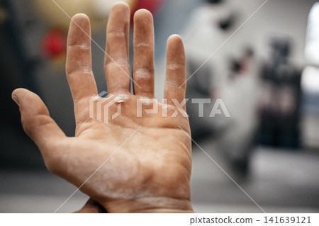 Chalk Covered Male Climber Hands After Hard Route: Close Up Of Worn Fingers And Taped Skin Chalk Covered Male Climber Hands After Hard Route: Close Up Of Worn Fingers And Taped Skin 141639121