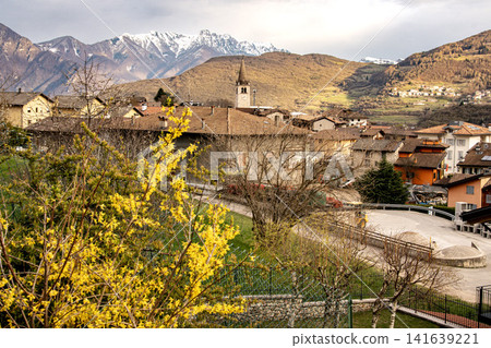 Frenten Mountain Village With Snow Capped Peaks: Scenic Rural Landscape Near Lake Garda In Trentino Italy Frenten Mountain Village With Snow Capped Peaks: Scenic Rural Landscape Near Lake Garda In Trentino Italy 141639221