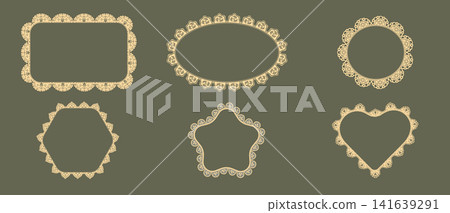 Vintage lace frame featuring intricate crochet pattern and ornamental scallop trim. White floral embroidery border with decorative edges ideal for elegant invitations and classic textile designs. Vintage lace frame featuring intricate crochet pattern and ornamental scallop trim. White floral embroidery border with decorative edges ideal for elegant invitations and classic textile designs. 141639291