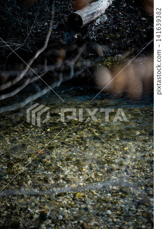 Clear Water Of Amper River Near Munich: Pebbled Riverbed Visible Through Flowing Freshwater In Bavaria Clear Water Of Amper River Near Munich: Pebbled Riverbed Visible Through Flowing Freshwater In Bavaria 141639382