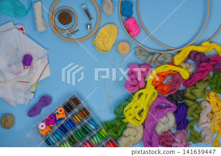 Painting tools and other essentials flat lay frame composition. Arts and crafts supplies. Drawing and painting tools and materials. Painting tools and other essentials flat lay frame composition. Arts and crafts supplies. Drawing and painting tools and materials. 141639447