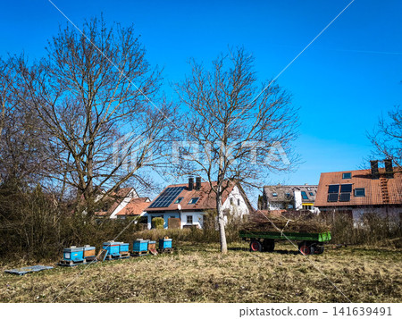 Colorful Beehives In Rural Garden Apiary: Backyard Beekeeping Scene With Solar Roof Houses In Bavaria Germany Colorful Beehives In Rural Garden Apiary: Backyard Beekeeping Scene With Solar Roof Houses In Bavaria Germany 141639491