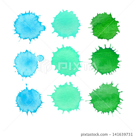 Watercolor circle set with blue to green color gradient on white background. Watercolor spots in blue teal and green colors isolated Watercolor circle set with blue to green color gradient on white background. Watercolor spots in blue teal and green colors isolated 141639731