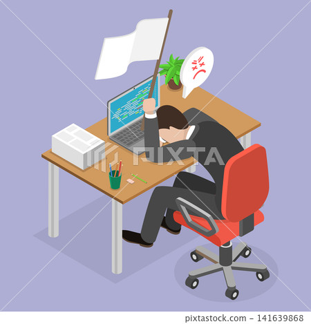 3D Isometric Flat Vector Illustration of Professional Burnout, Businessman Waves White Flag, Lying At Workplace With Laptop 3D Isometric Flat Vector Illustration of Professional Burnout, Businessman Waves White Flag, Lying At Workplace With Laptop 141639868