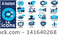 Set of sixteen blue and dark blue icons representing artificial intelligence and digital technology concepts. 141640268