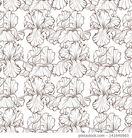 Seamless dense iris bud vector pattern, black white botanical ink drawing for wallpaper, textile, stationery, luxury packaging, wrapping paper and surface design Seamless dense iris bud vector pattern, black white botanical ink drawing for wallpaper, textile, stationery, luxury packaging, wrapping paper and surface design 141640983