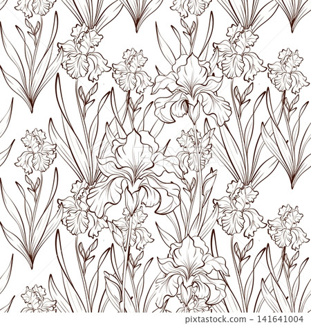 Seamless dense iris botanical vector pattern, black white vertical floral line drawing with flowers and leaves for wallpaper, textile, luxury packaging and stationery Seamless dense iris botanical vector pattern, black white vertical floral line drawing with flowers and leaves for wallpaper, textile, luxury packaging and stationery 141641004