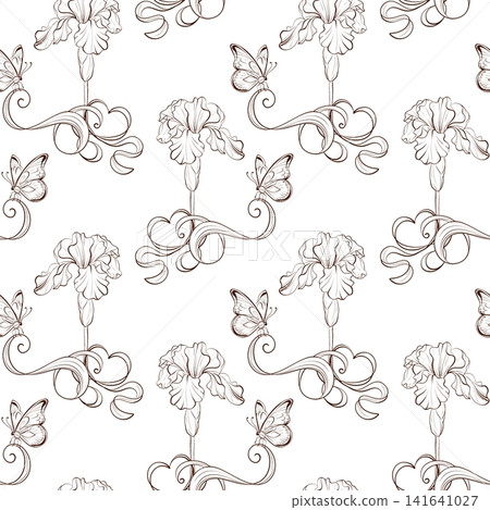 Seamless iris botanical vector pattern with butterfly, black white engraved illustration for wedding stationery, wallpaper, packaging, textile, greeting cards and branding Seamless iris botanical vector pattern with butterfly, black white engraved illustration for wedding stationery, wallpaper, packaging, textile, greeting cards and branding 141641027
