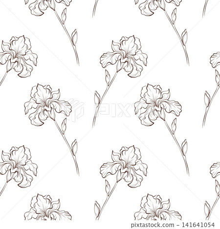 Seamless minimalist iris stem vector pattern, black white botanical ink drawing for stationery, cosmetic packaging, wallpaper, textile, wrapping paper and branding Seamless minimalist iris stem vector pattern, black white botanical ink drawing for stationery, cosmetic packaging, wallpaper, textile, wrapping paper and branding 141641054