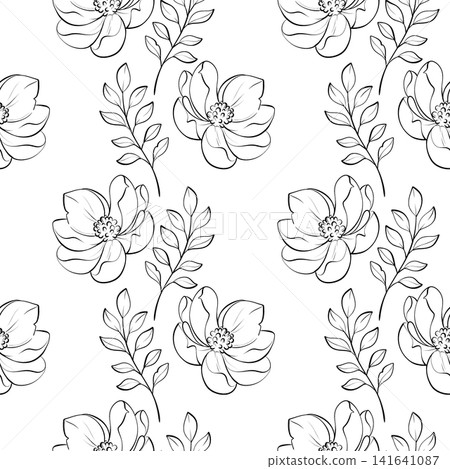 Magnolia seamless vector pattern black and white fine line drawing, flowers with leafy branches for tea packaging, organic cosmetics and artisan brands Magnolia seamless vector pattern black and white fine line drawing, flowers with leafy branches for tea packaging, organic cosmetics and artisan brands 141641087