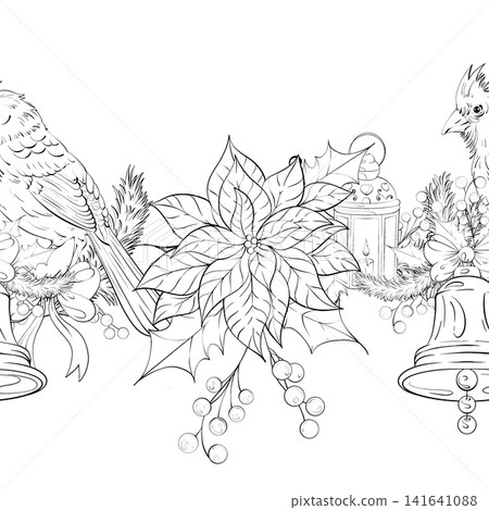 Arrangement of Holiday Decorations With Birds Flowers Bells Seamless Design Festive Background 141641088
