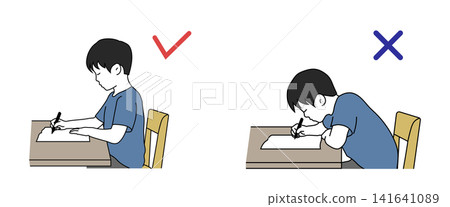 Children studying with correct and incorrect posture: comparative illustrations Children studying with correct and incorrect posture: comparative illustrations 141641089
