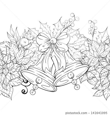 Arrangement of Bells Holly and Poinsettias in a Seamless Pattern Background and Border Featuring a Festive Design Suitable for Holiday Use Arrangement of Bells Holly and Poinsettias in a Seamless Pattern Background and Border Featuring a Festive Design Suitable for Holiday Use 141641095
