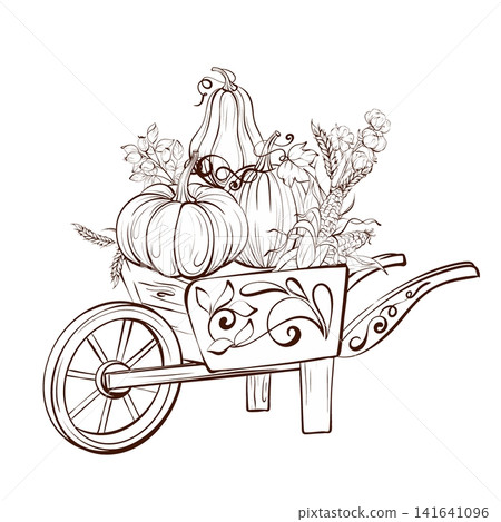 Wagon vector arrangement black and white fine line drawing, rustic harvest composition with pumpkins and dried botanicals for seasonal advertising and banners Wagon vector arrangement black and white fine line drawing, rustic harvest composition with pumpkins and dried botanicals for seasonal advertising and banners 141641096