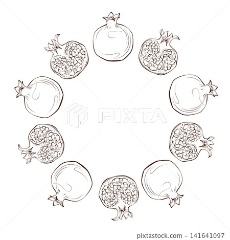 Pomegranate wreath, botanical pen line vector illustration in elegant French style for luxury packaging, branding, stationery, wedding invitations and cosmetic labels Pomegranate wreath, botanical pen line vector illustration in elegant French style for luxury packaging, branding, stationery, wedding invitations and cosmetic labels 141641097
