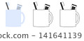 A set of flat illustrations of a cup containing toothpaste and a toothbrush. 141641139