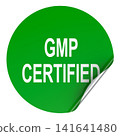 GMP certified, green sticker with peeled corner. 3D rendering 141641480