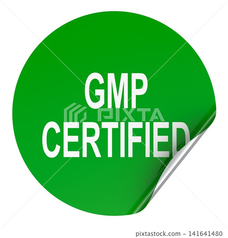 GMP certified, green sticker with peeled corner. 3D rendering GMP certified, green sticker with peeled corner. 3D rendering 141641480