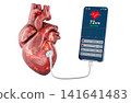 Human heart linked to a smartphone health monitor app showing pulse, blood pressure, oxygen and respiration. 3D rendering 141641483