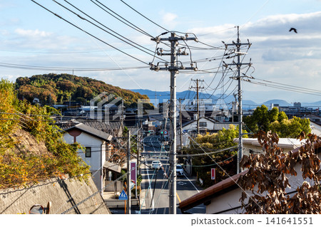 A scene of roads and utility poles in a quiet residential area (viewed from a hilltop during the daytime). 141641551