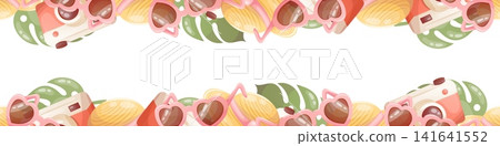 Seamless border for the top and bottom, featuring straw hats, heart shaped sunglasses and retro cameras Seamless border for the top and bottom, featuring straw hats, heart shaped sunglasses and retro cameras 141641552