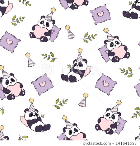 A vector seamless pattern featuring pandas wearing party hats, cushions and leaves A vector seamless pattern featuring pandas wearing party hats, cushions and leaves 141641555