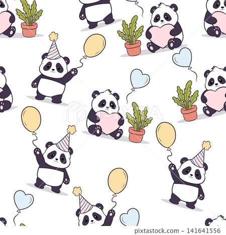 Seamless vector pattern featuring a panda for a birthday Seamless vector pattern featuring a panda for a birthday 141641556