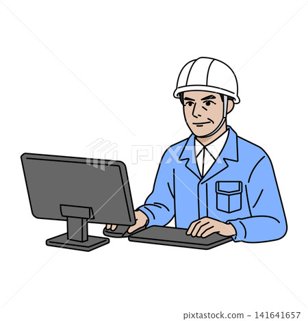 Male worker, light blue work uniform, helmet, computer operation. Male worker, light blue work uniform, helmet, computer operation. 141641657
