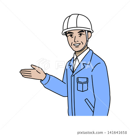 Male worker, light blue work uniform, helmet, guide. Male worker, light blue work uniform, helmet, guide. 141641658