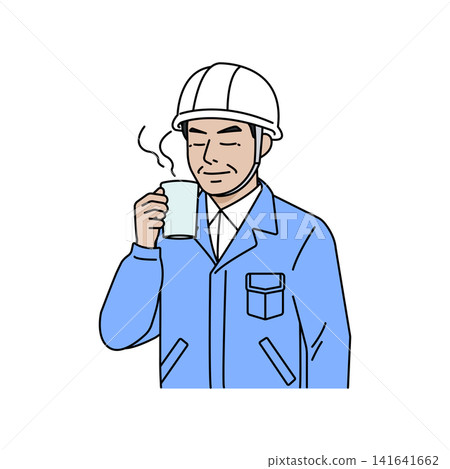 男工人,淺藍色工作服,戴著安全帽,正在休息喝咖啡。 男工人,淺藍色工作服,戴著安全帽,正在休息喝咖啡。 141641662
