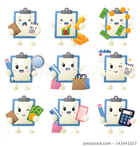 Cute clipboard characters hold money, bills, and tools Cute clipboard characters hold money, bills, and tools 141641827