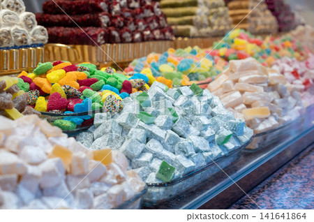 Istanbul, turkey, august 2, 2025 assortment of traditional lokum, gummy candies, and other sweet confections displayed in an istanbul market stall Istanbul, turkey, august 2, 2025 assortment of traditional lokum, gummy candies, and other sweet confections displayed in an istanbul market stall 141641864