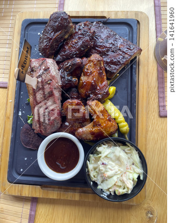 Overhead View of Mixed Grill with Ribs Steak and Chicken 141641960