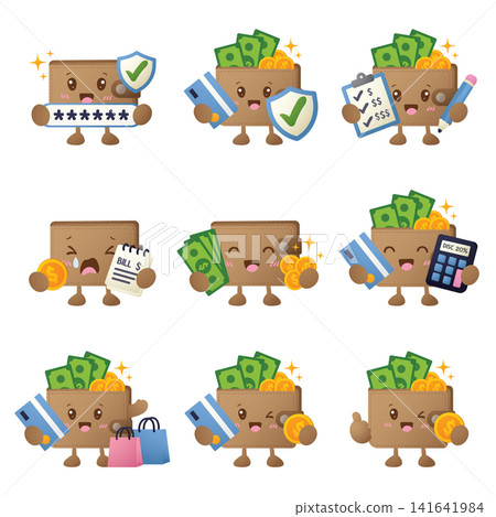 Cute cartoon wallet characters show financial success Cute cartoon wallet characters show financial success 141641984