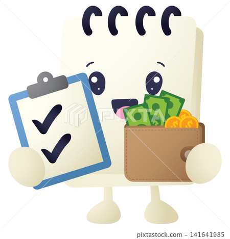 Happy cartoon character holds clipboard and money Happy cartoon character holds clipboard and money 141641985