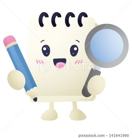 Cute notepad character holds pencil and magnifying glass Cute notepad character holds pencil and magnifying glass 141641990
